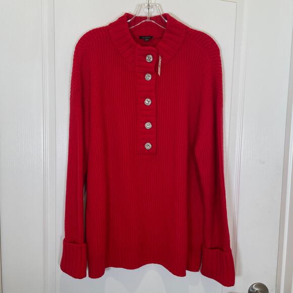 Talbots Jewel Button Henley Pullover Sweater Red Ribbed Wool Blend Cuffed NWT L - Picture 2 of 6